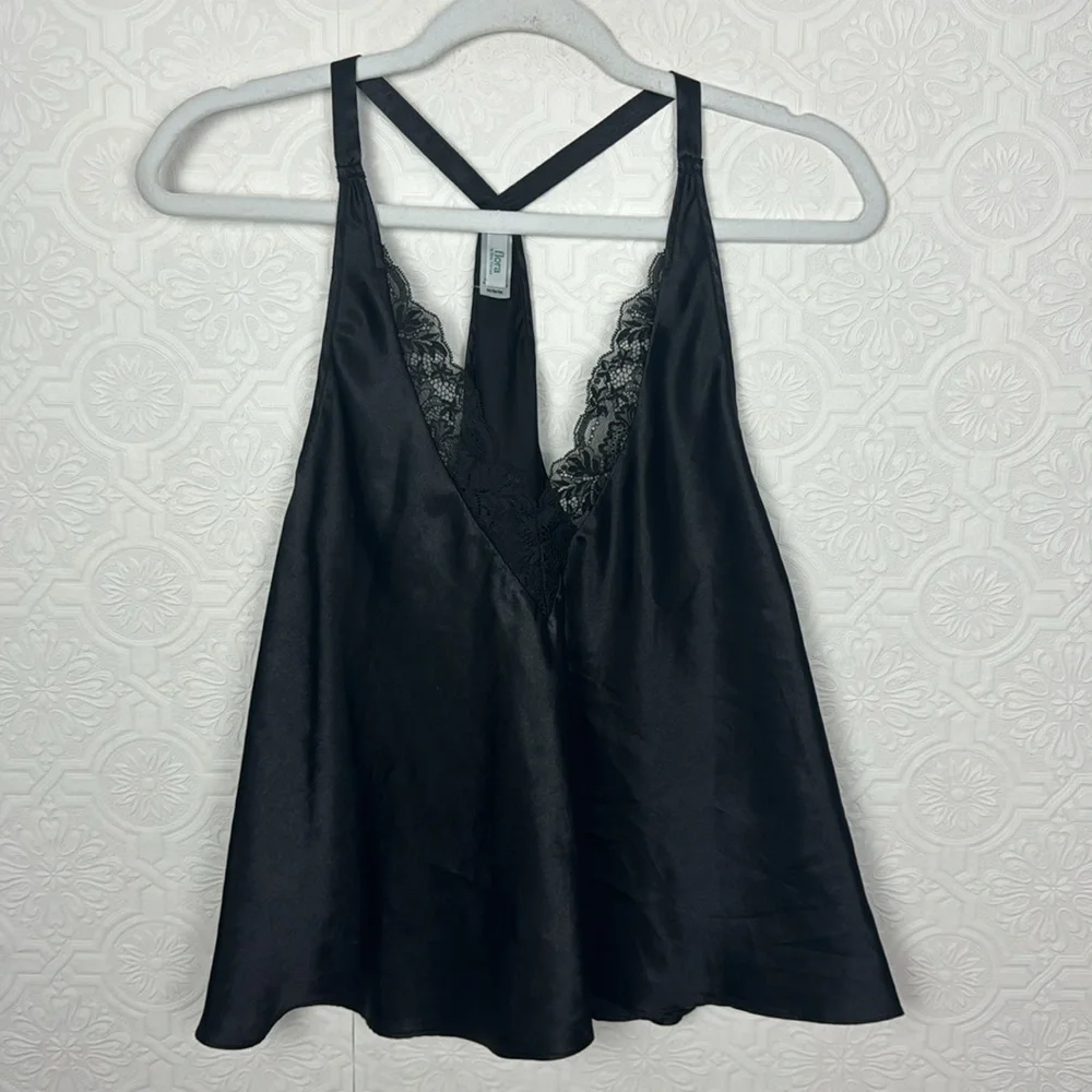 Flora Nikrooz Satin Silky Tank Top‎ Lingerie Secy Lacey Lace Black Pjs Pajamas